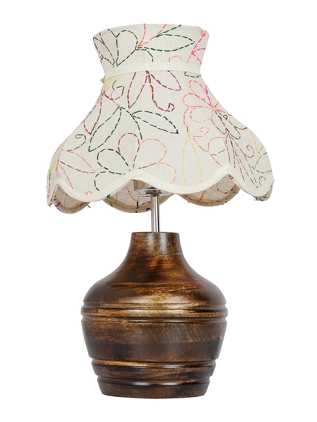 Ethnic Brown Wood Pot Table Lamp with Embroidered Scalloped Shade