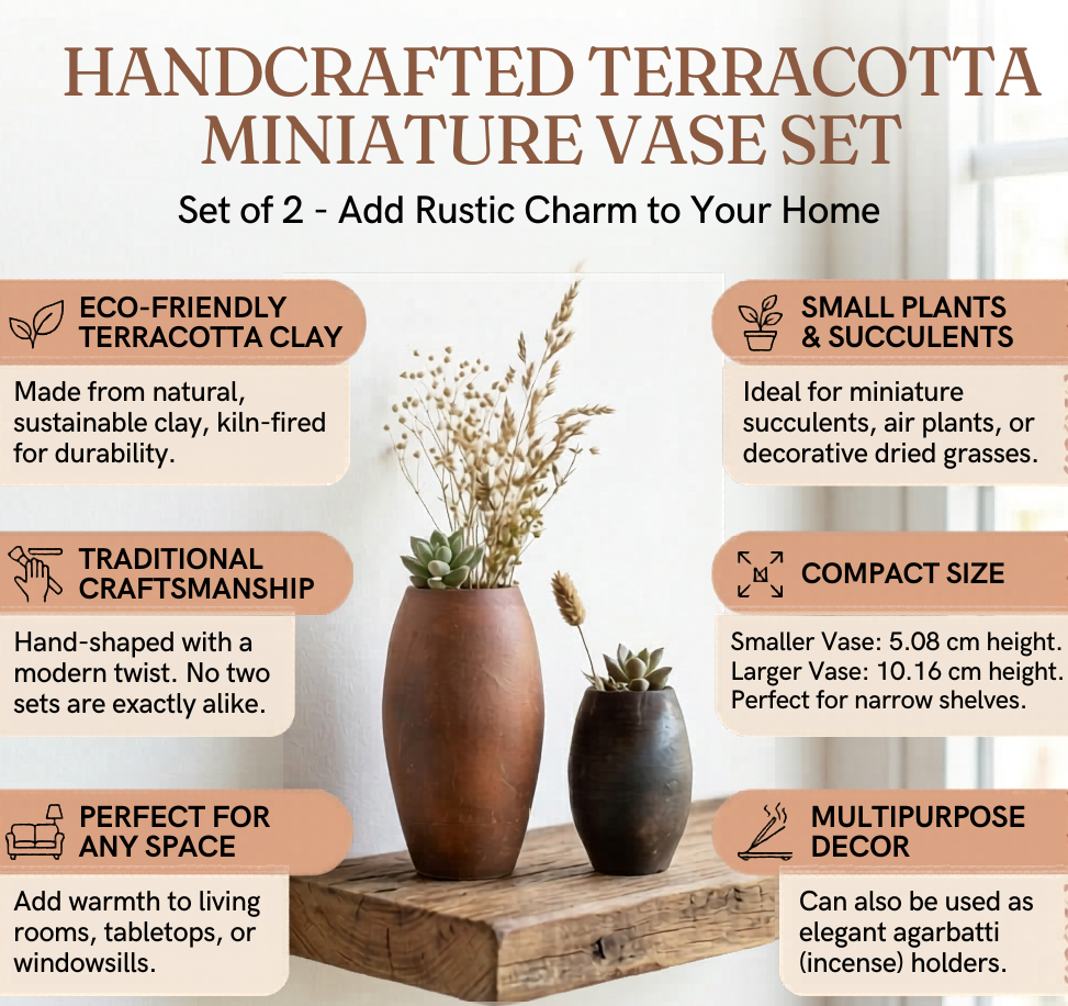 Terracotta Miniature Flower Pots Set Of 2 | Decorative Flower Vase For Living Room & Table Decor