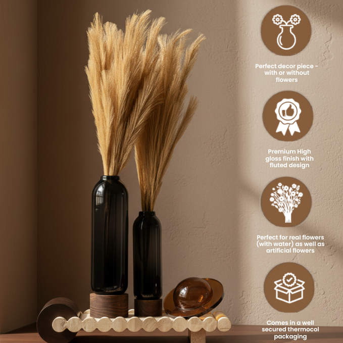Saint Premium Flower Vase with Wooden Base | Elegant Black Glass Vase for Modern & Classic Décor