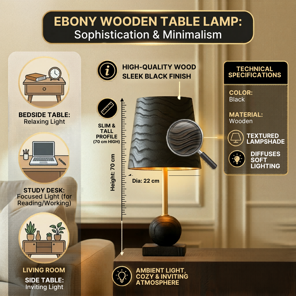 Ebony Modern Wooden Table Lamp for Living Room | Black Finish Night Lamp for Bedside, Study