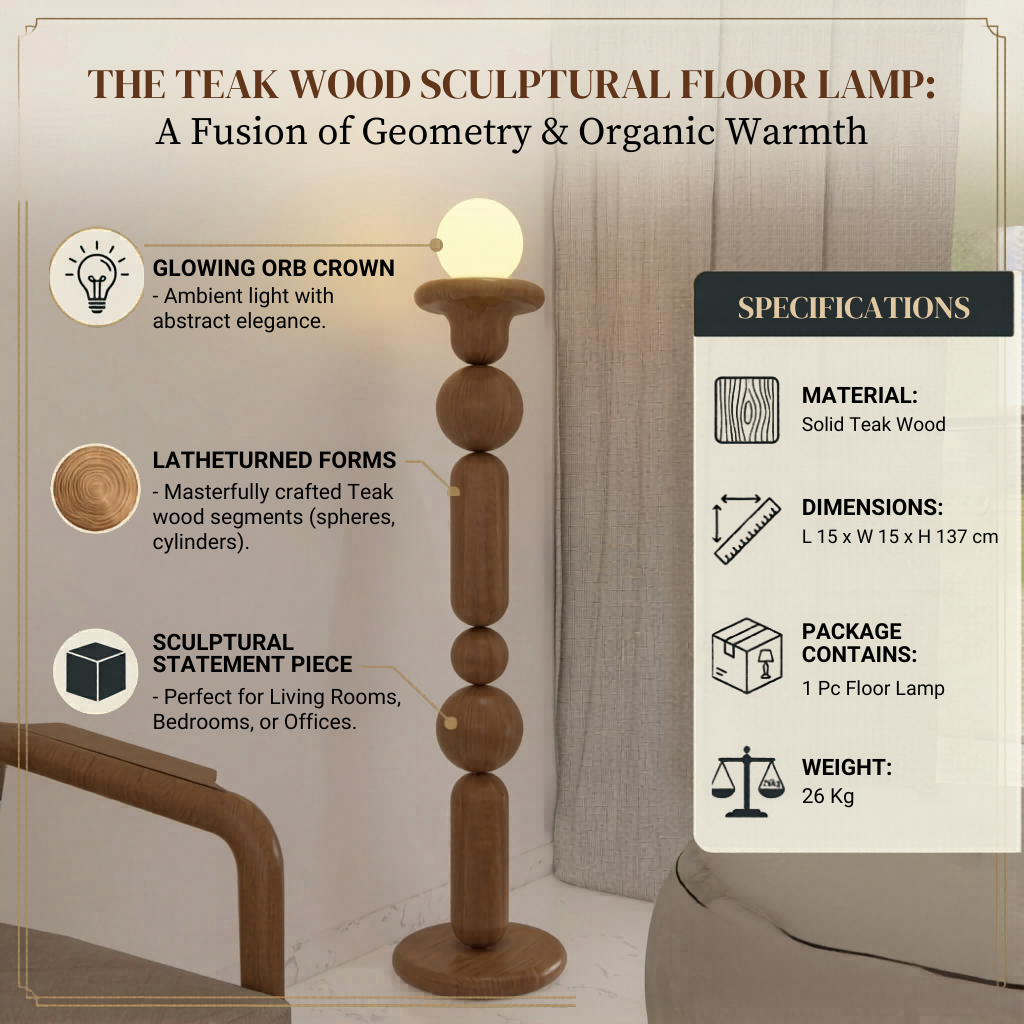 Teak Wood Sculptural Floor Lamp | Designer Modern Standing Lamp for Living Room & Home Decor