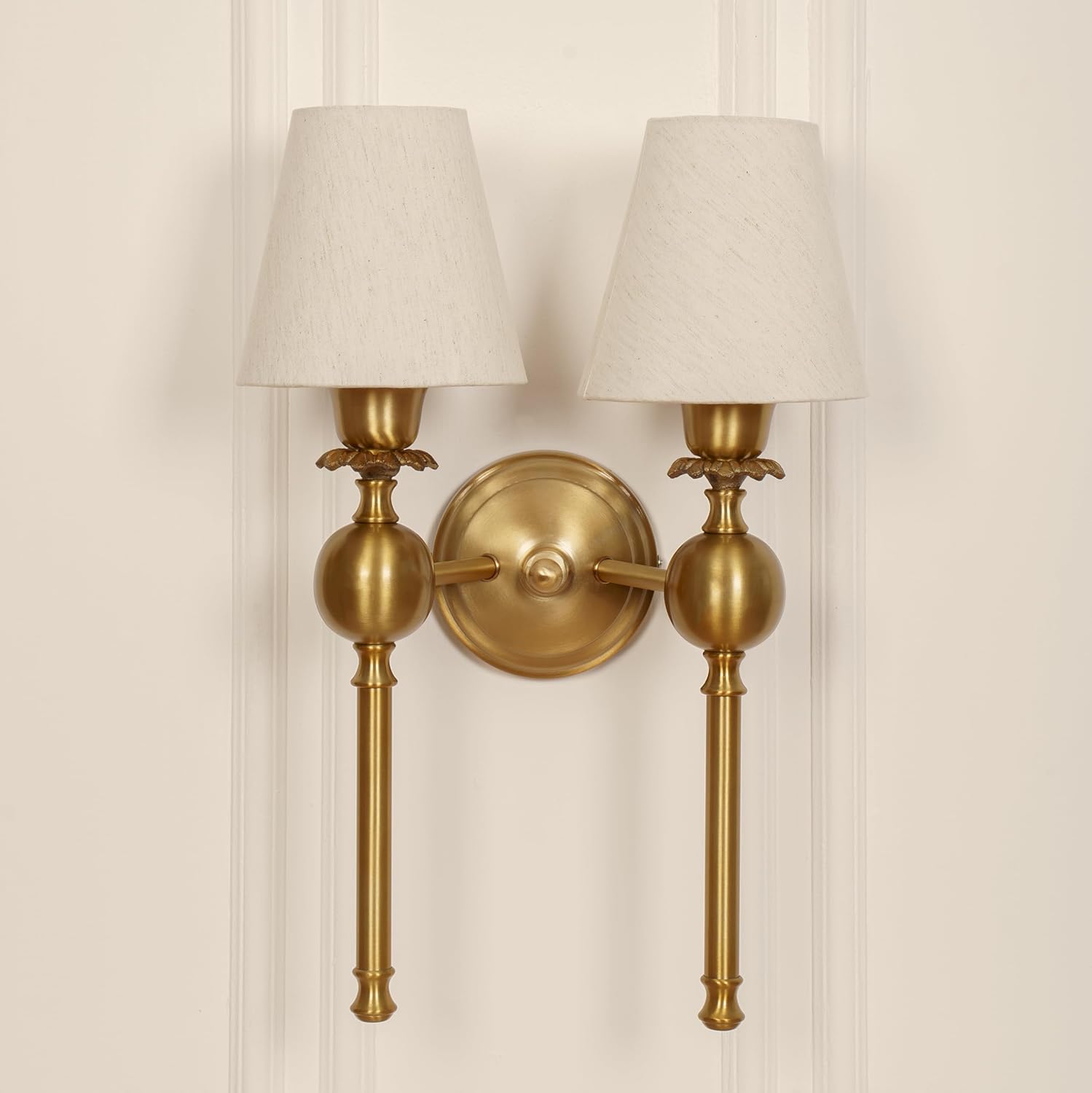 Double Ball Wall Lamp Antique Brass Finish with Off White Shade for Living Room, Bedroom and Home Decoration