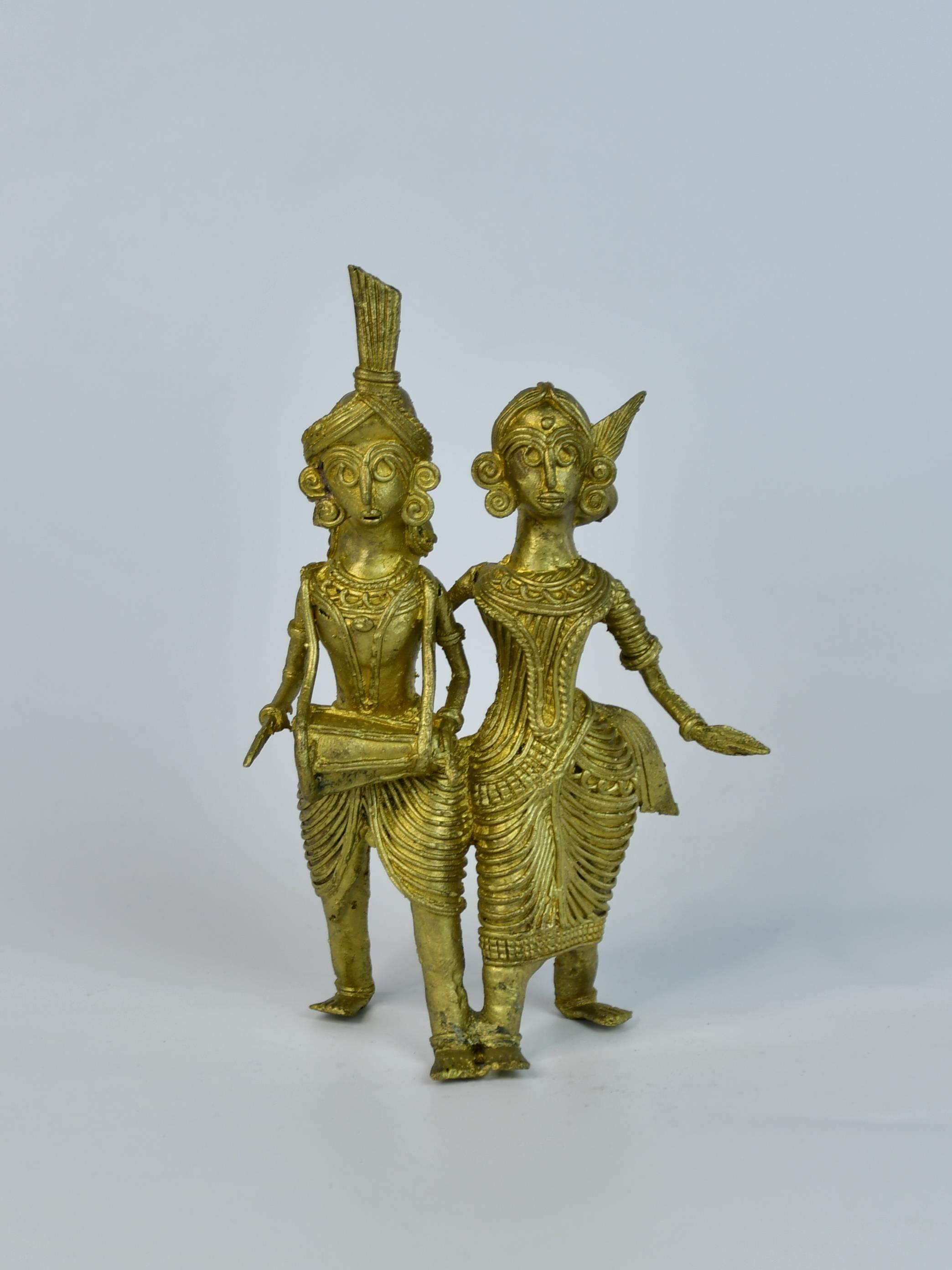 Artisanal Brass Dhokra Sculpture: Tribal Couple With Dhol