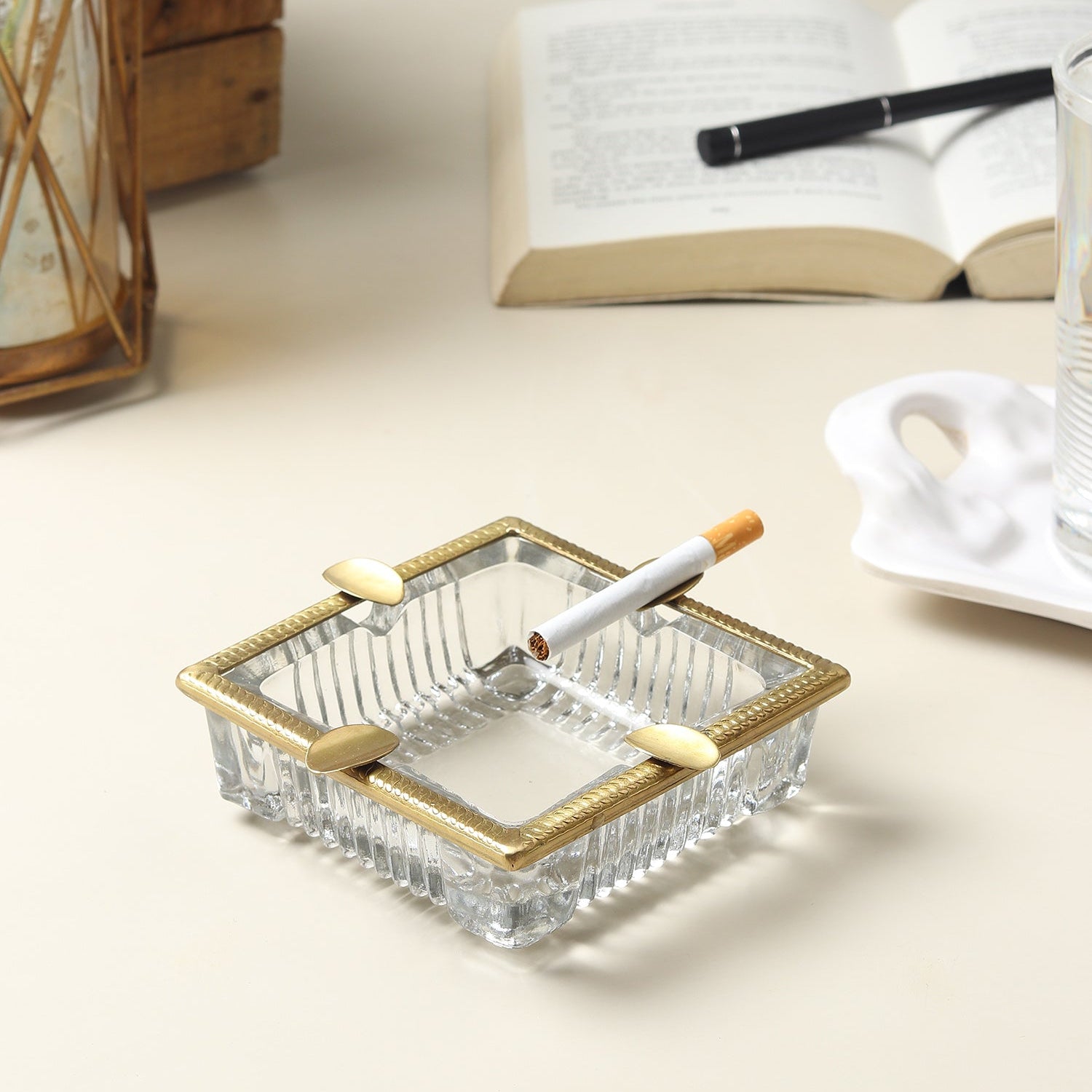 Aurelion Crystal Ashtray with Brass Accent | Designer Ashtray for Home Décor