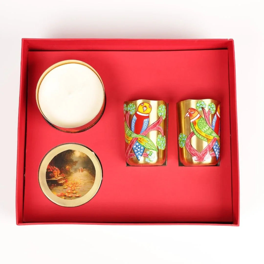 Diwali Gift Box: Traditional Pure Brass Tumblers + Brass Coasters, Soy Wax Candle & Playing Cards – Festive Indian Gift Hamper