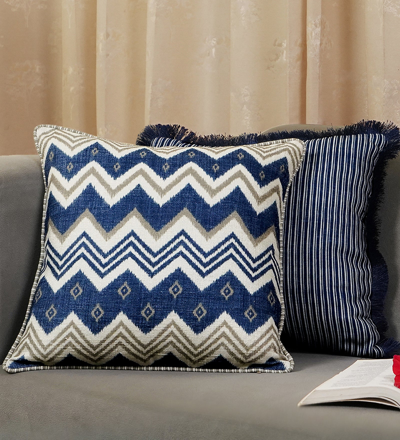Ikat Lehar Cushion Cover - Blue & White, 18 x 18