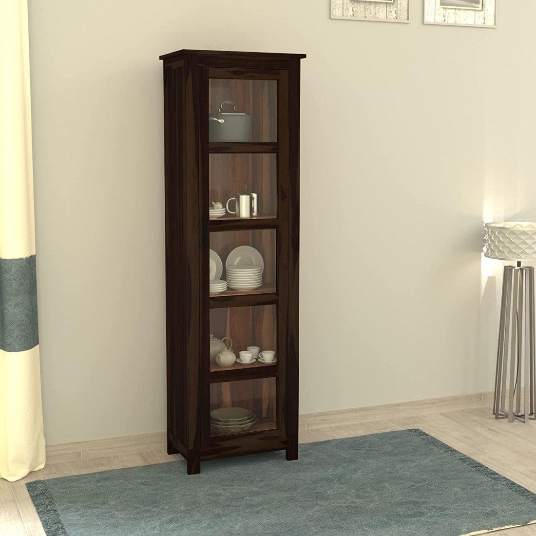 Sheesham Wood Baltimore Kitchen Cabinet Tall In Walnut Finish | Bookcase With Glass Door