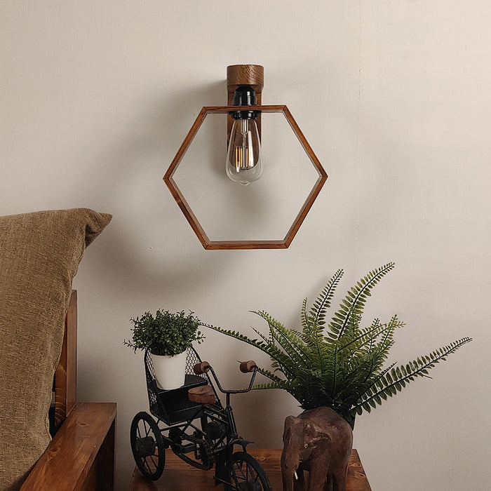 Hex Brown Wooden Wall Light