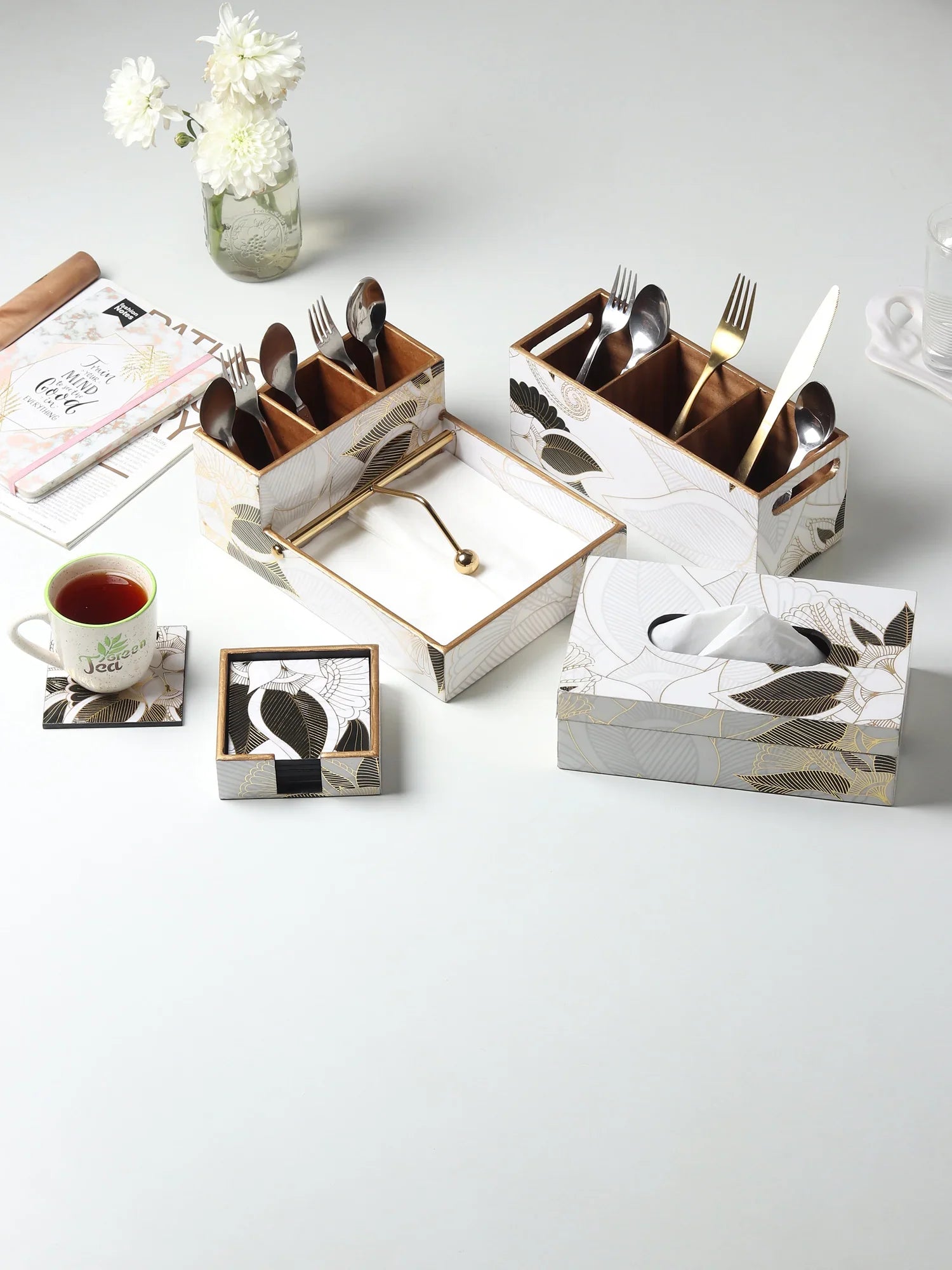 Ivory Noir Bloom Cutlery and Tissue Holder