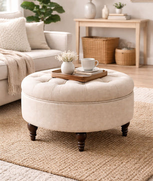 Classic Round Floral Ottoman – Soft Tufted Seat with Sagwan Wooden Base