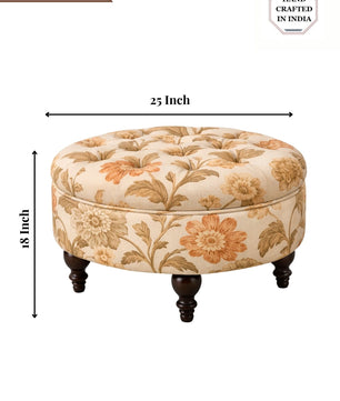 Miyabi Floral Velvet Round Ottoman with Sagwan Wood
