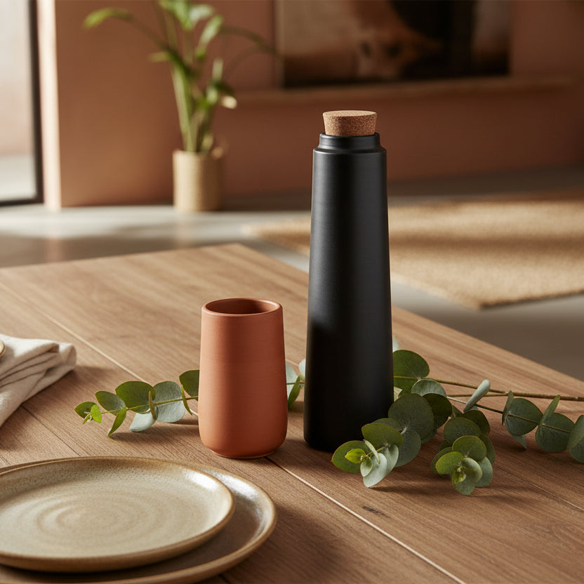 Terracotta Black Bottle With Cork Lid And Tumbler.