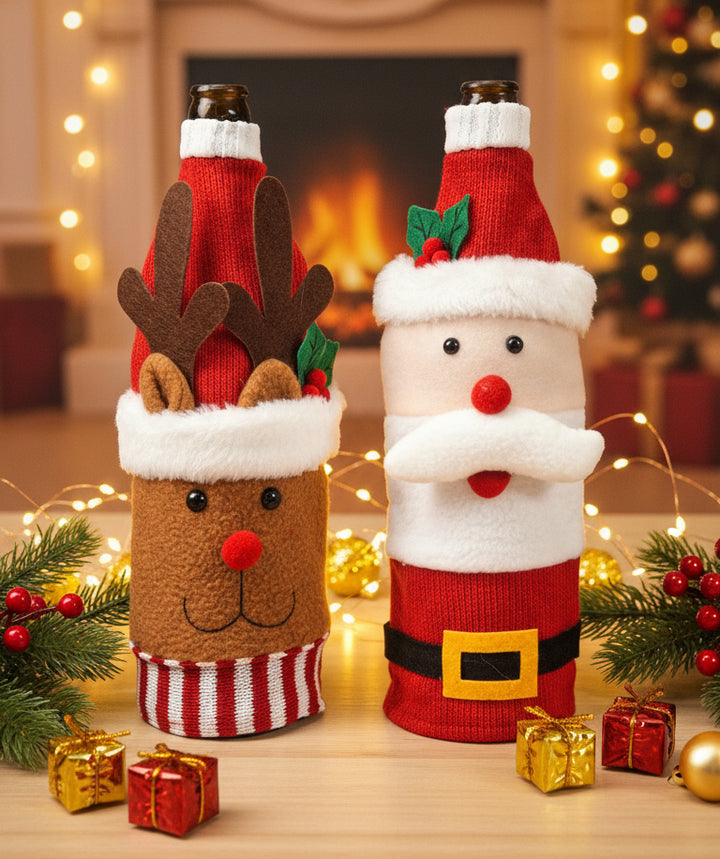 Christmas Wine Bottle Covers – Santa, Snowman & Reindeer Knitted Gift Wraps- Set of 2