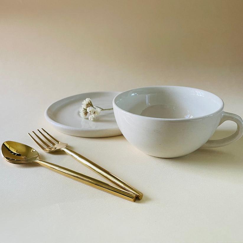 Off White Blanche Latte Cup and Saucer Set | Ceramic Cup with Saucer for Tea and Coffee
