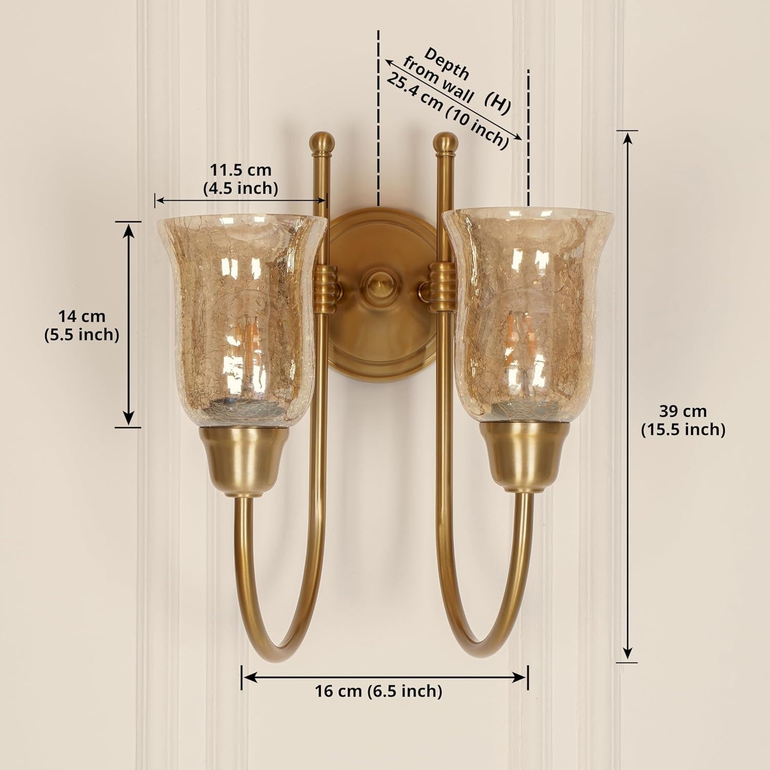 Double Hockey Wall Lamp Antique Brass Finish with Chimney Crackled Glass Shade for Living Room, Bedroom and Home Decoration