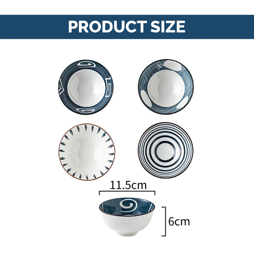 250ml Ceramic Bowl Set of 4 with 8 Chopsticks | 11.3 cm Snack & Rice Bowls | Microwave & Dishwasher Safe | BPA & Lead-Free | Ideal for Dal, Fruits, Salad & Serving