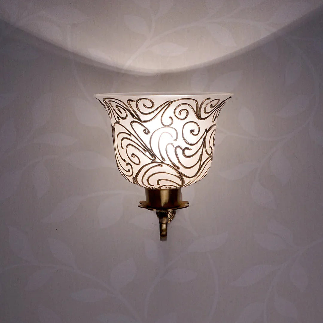 Traditional Antique Brass Wall Light with Frosted Glass Shades with Jaipuri designing on glass