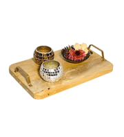 Natural Finish Handcrafted Mango Wooden Tray with Handcrafted Gold Casting Handles Decorative Platter for Coffee Table Living Kitchen Room