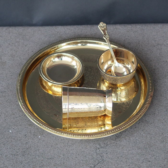 Brass Golden Plate Set Of 5 | Round Festival Gifting Thali With Katori & Glass