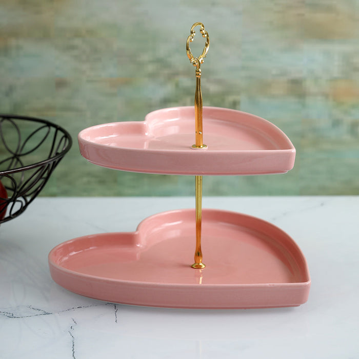 Pink Heart-Shaped Ceramic Cake Stand | Decorative Pedestal Tray