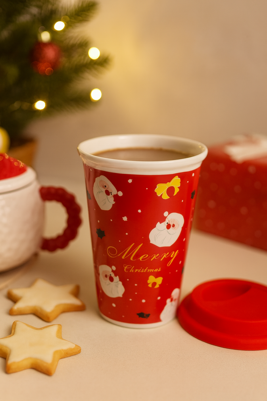 Christmas Ceramic Mug with Red Silicone Lid – 400 ml Coffee & Tea Cup-Pink