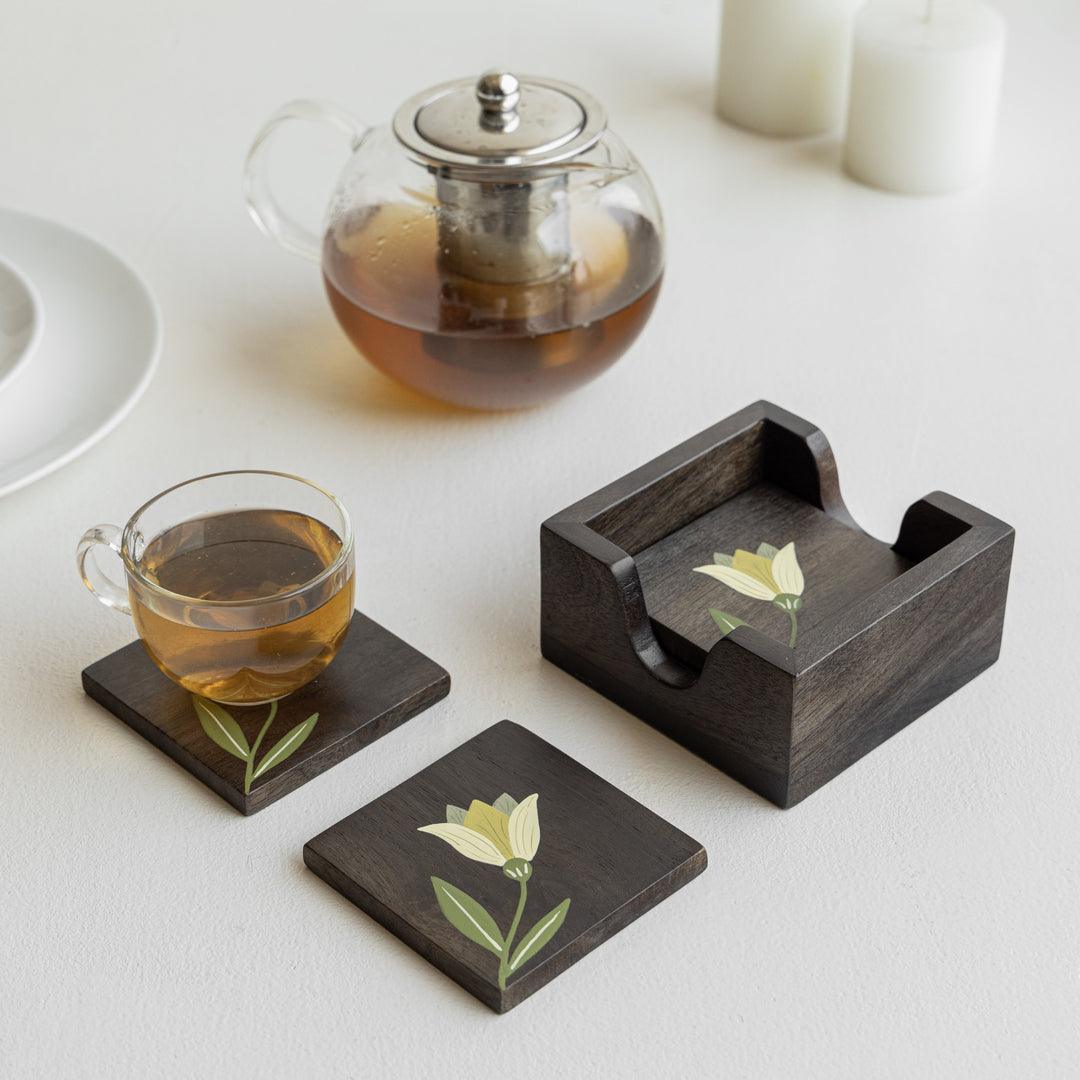MIRRA Handpainted Wooden Coasters with Stand (Set of 4)  | Mango Wood
