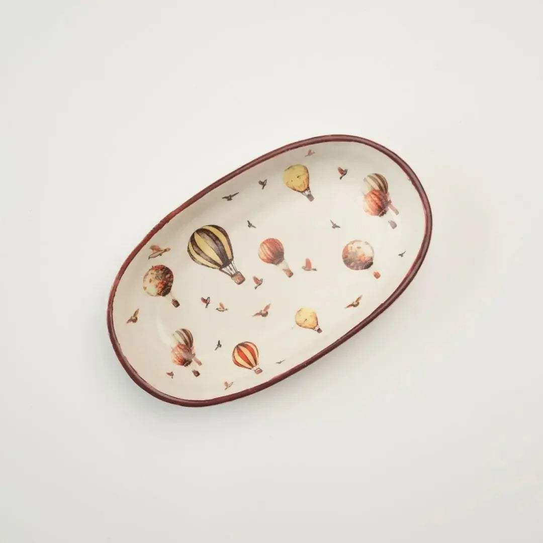 Handcrafted Stoneware Oval Serving Tray – Vintage Hot Air Balloon Ceramic Platter for Snacks & Appetizers