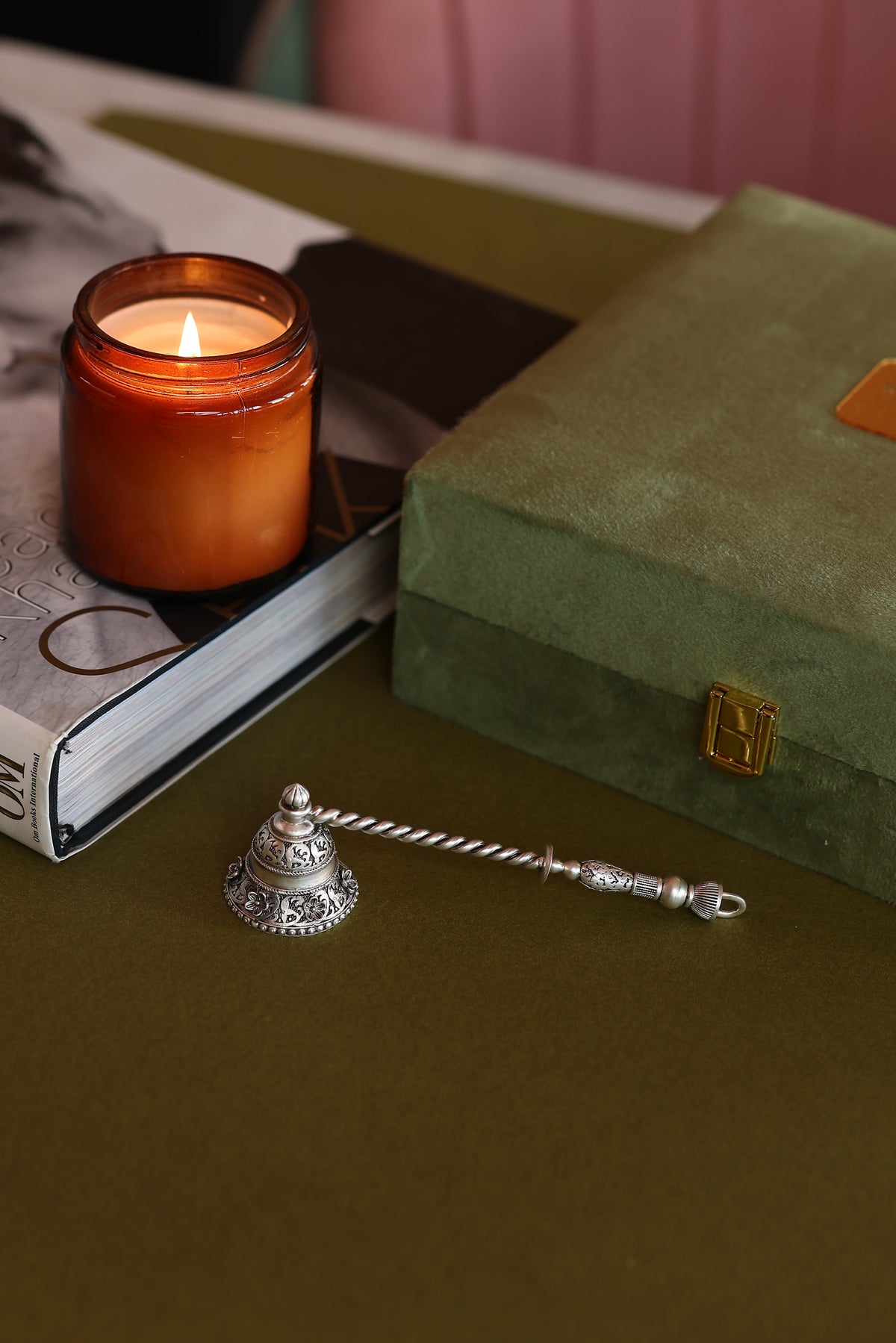 Silver Plated Brass Ornate Candle Snuffer | Luxury Filigree Bell Snuffer With Twisted Handle