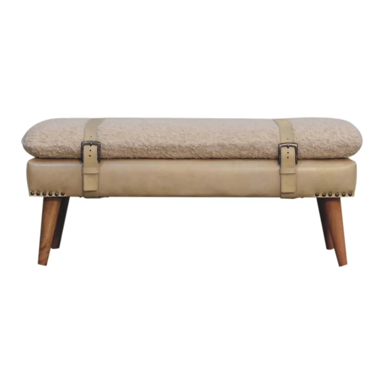 Boucle & Mahogany Leather Bench | Wooden Bench with Nordic Legs | Mango Wood Sitting Bench