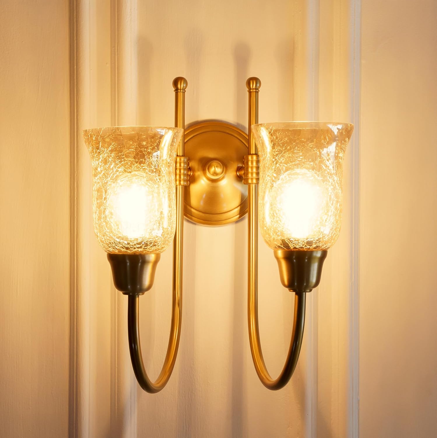 Double Hockey Wall Lamp Antique Brass Finish with Chimney Crackled Glass Shade for Living Room, Bedroom and Home Decoration