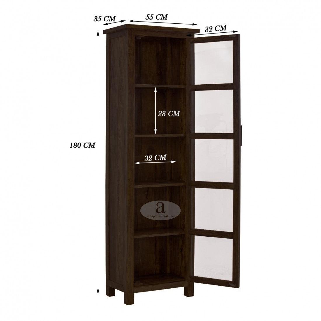 Sheesham Wood Baltimore Kitchen Cabinet Tall In Walnut Finish | Bookcase With Glass Door