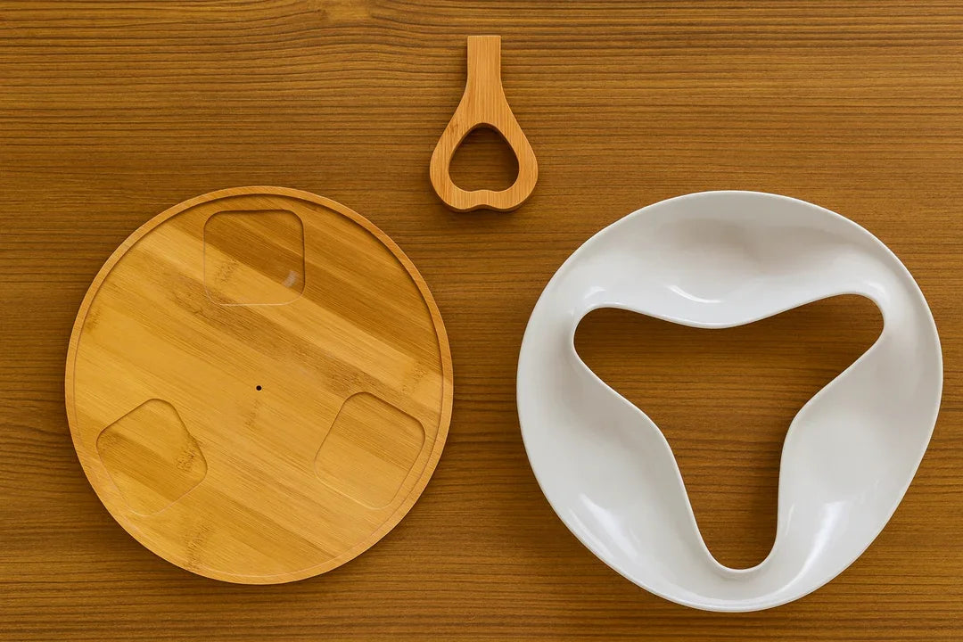 Heart Handle Ceramic Serving Bowl Set with Wooden Stand – 3-Compartment White Snack & Dry Fruit Server