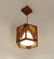 Symmetric Hexa Brown Wooden Single Hanging Lamp