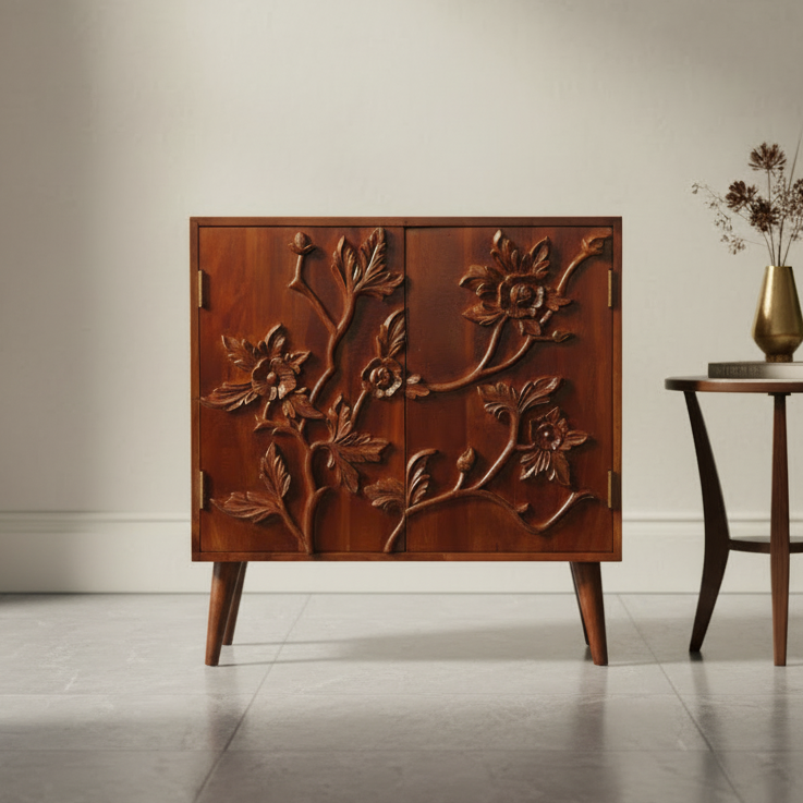 Botanic Wooden Cabinet | Carved Storage Cabinet with Floral Design (Solid Wood Sideboard)