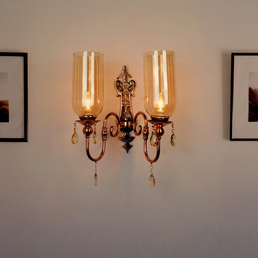 European Copper-Finish Double Light Steel Wall Sconce With Translucent Glass Shades