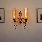 European Copper-Finish Double Light Steel Wall Sconce With Translucent Glass Shades