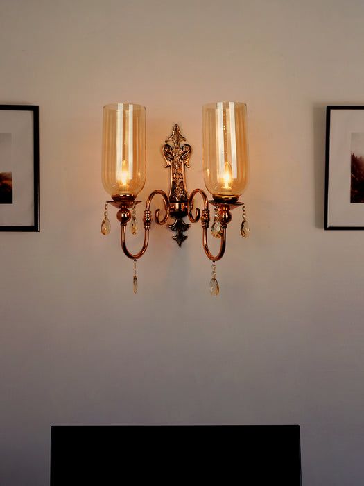European Copper-Finish Double Light Steel Wall Sconce With Translucent Glass Shades