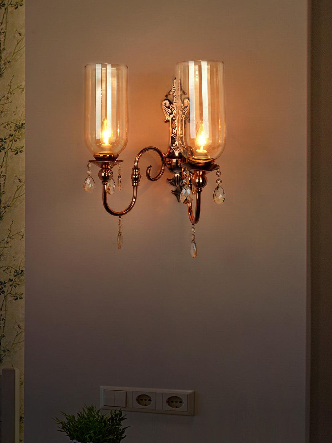 European Copper-Finish Double Light Steel Wall Sconce With Translucent Glass Shades