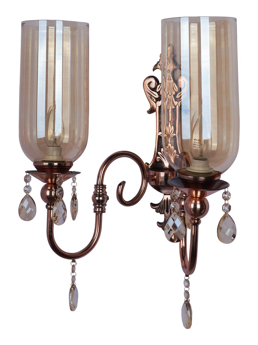 European Copper-Finish Double Light Steel Wall Sconce With Translucent Glass Shades