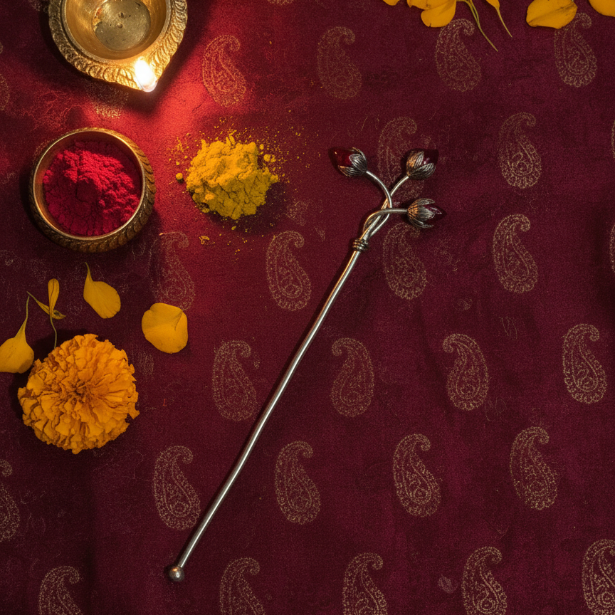 Pure Silver Plated Brass Trishakti Tilak Stick With Ruby Accents