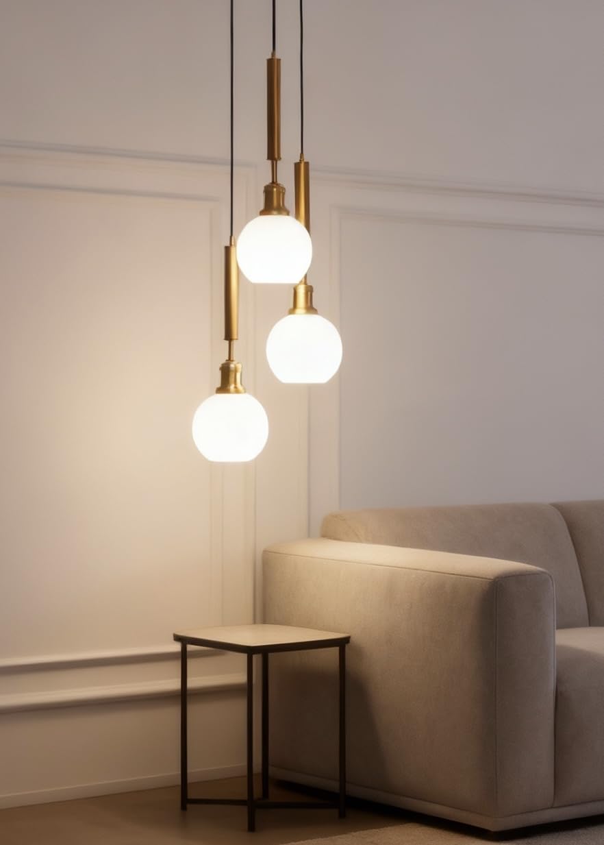 Triple Globe Hanging Pendant Light Antique Brass Finish with Frosted Milky White Glass for Living Room and Home Decoration