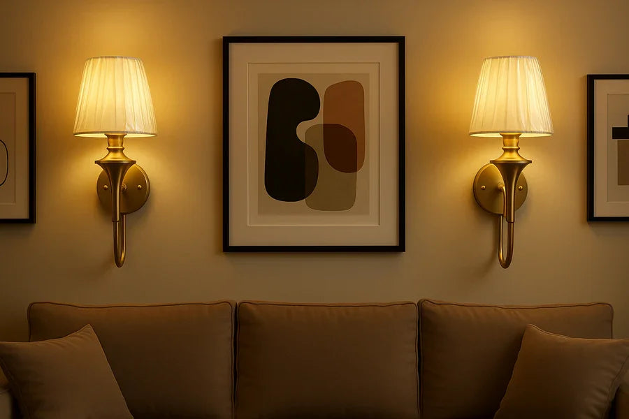 Golden Wall Mounted Lamp with Fabric Shade – Classic Brass Finish