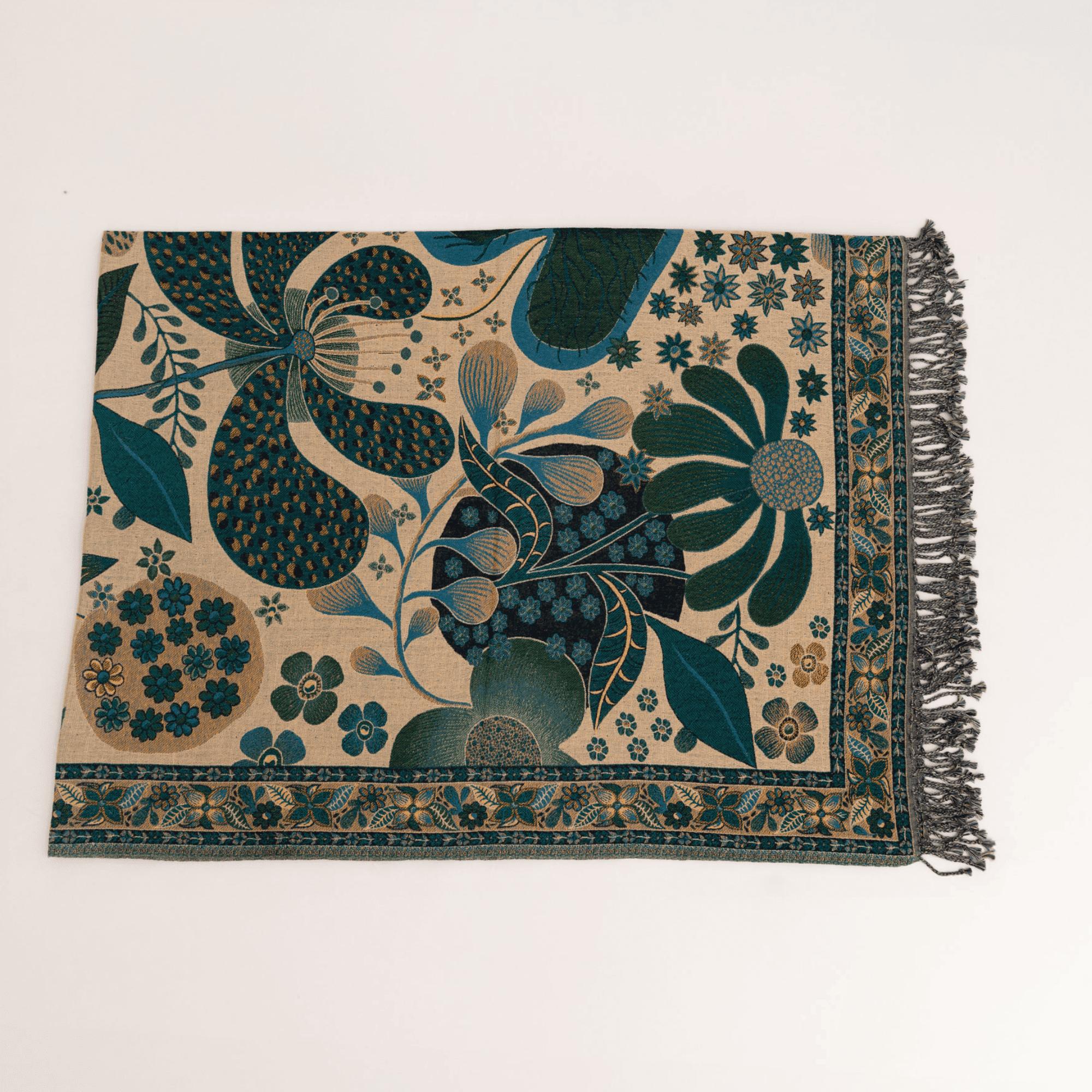 Emerald Green Floral Throw Blanket | Luxury Cotton & Wool Sofa Throw for Living Room & Bedroom