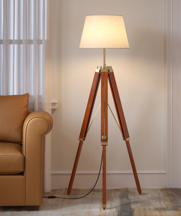 Wooden Tripod Floor Lamp 3 Legs Standing Brown Polished Brass Antique Finish Adjustable 5ft Height with 16 inches Off White Lampshade