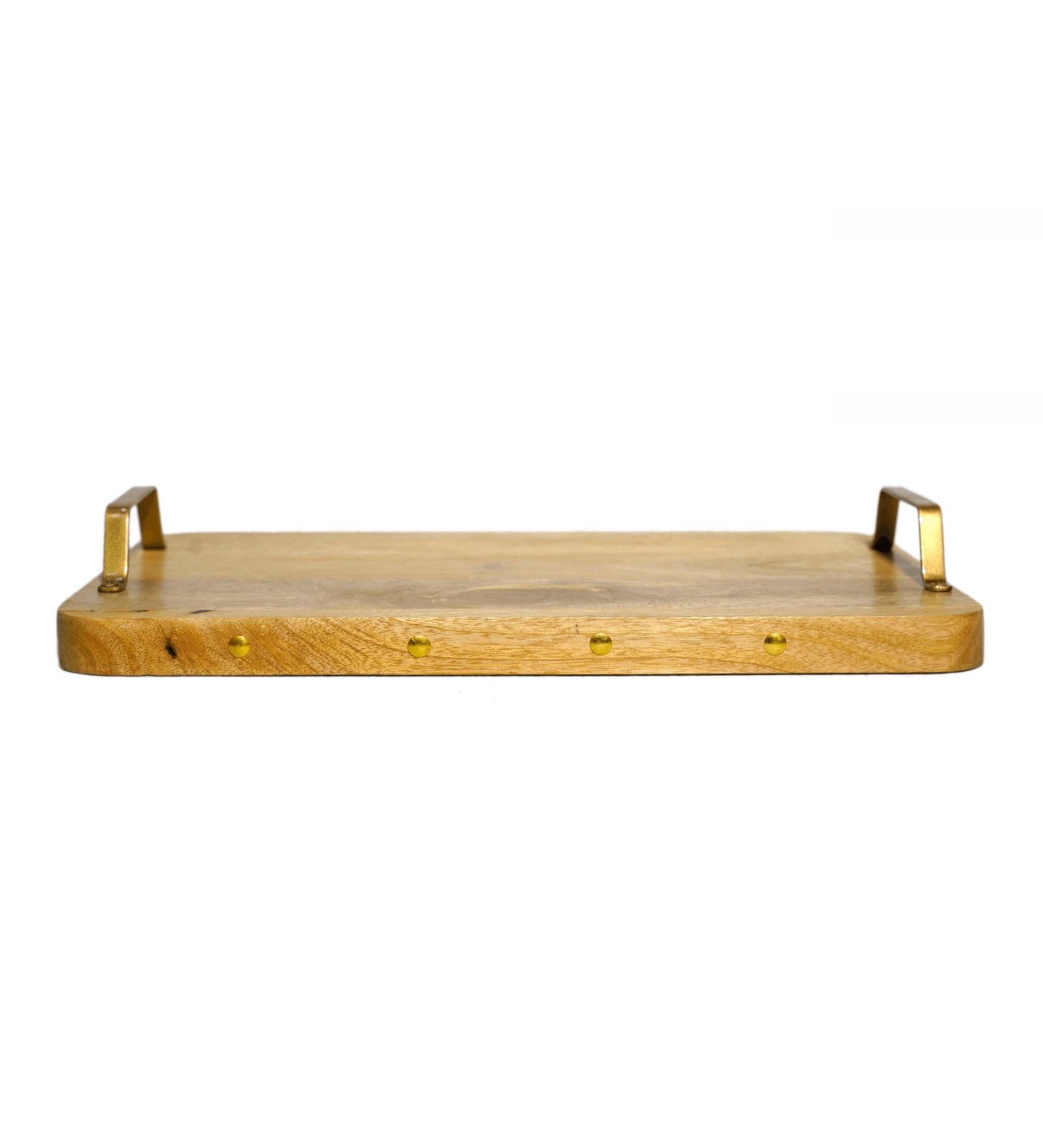 Natural Finish Handcrafted Mango Wooden Tray with Handcrafted Gold Casting Handles Decorative Platter for Coffee Table Living Kitchen Room