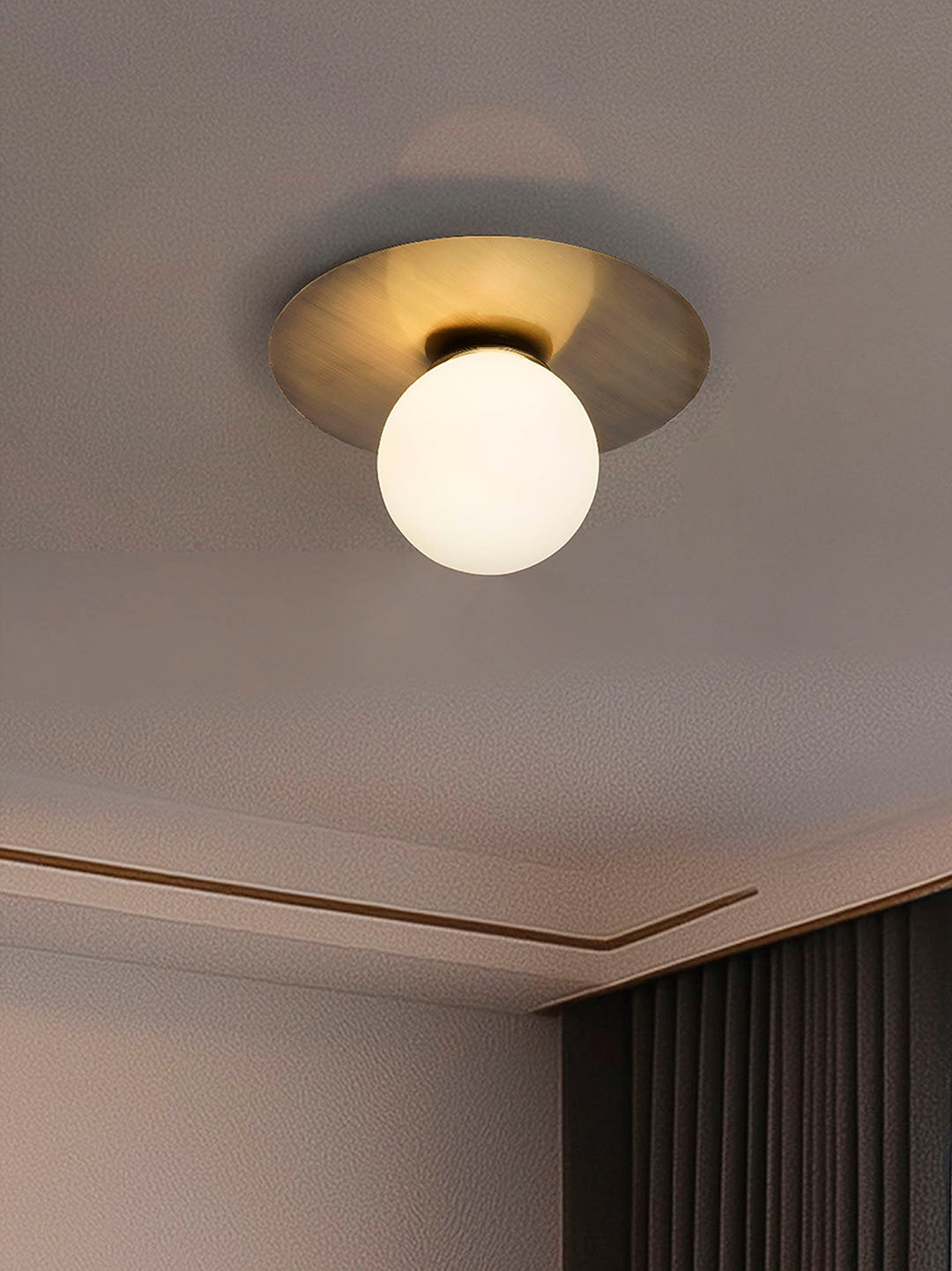 Modern Antique Brass Disc Ceiling or Wall Light with Frosted Globe