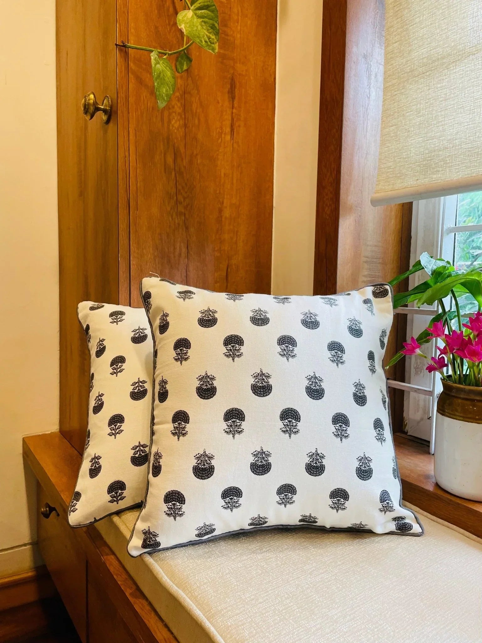 Turquoise Handblock Printed Cotton Cushion Covers - Set of 2