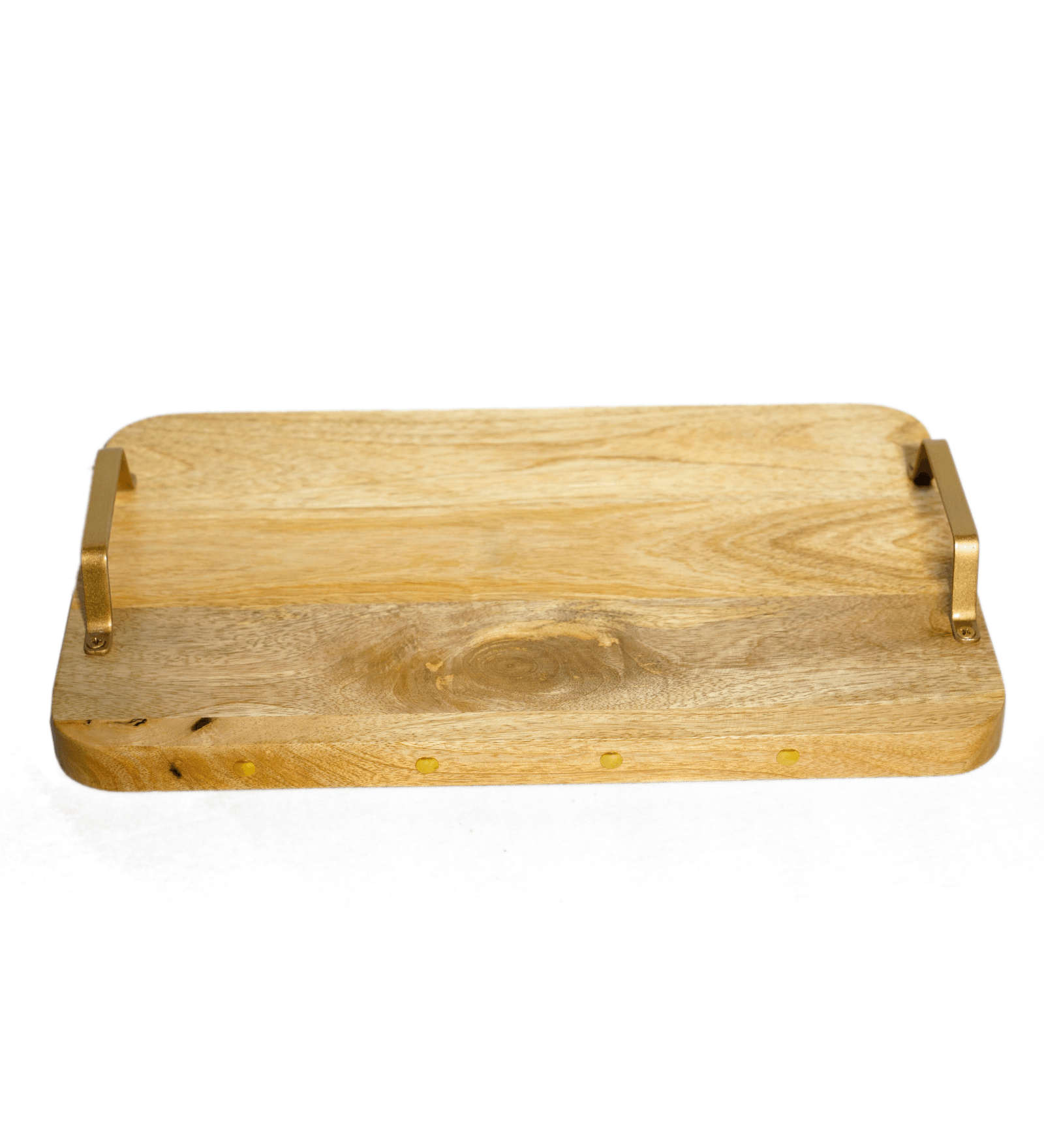 Natural Finish Handcrafted Mango Wooden Tray with Handcrafted Gold Casting Handles Decorative Platter for Coffee Table Living Kitchen Room