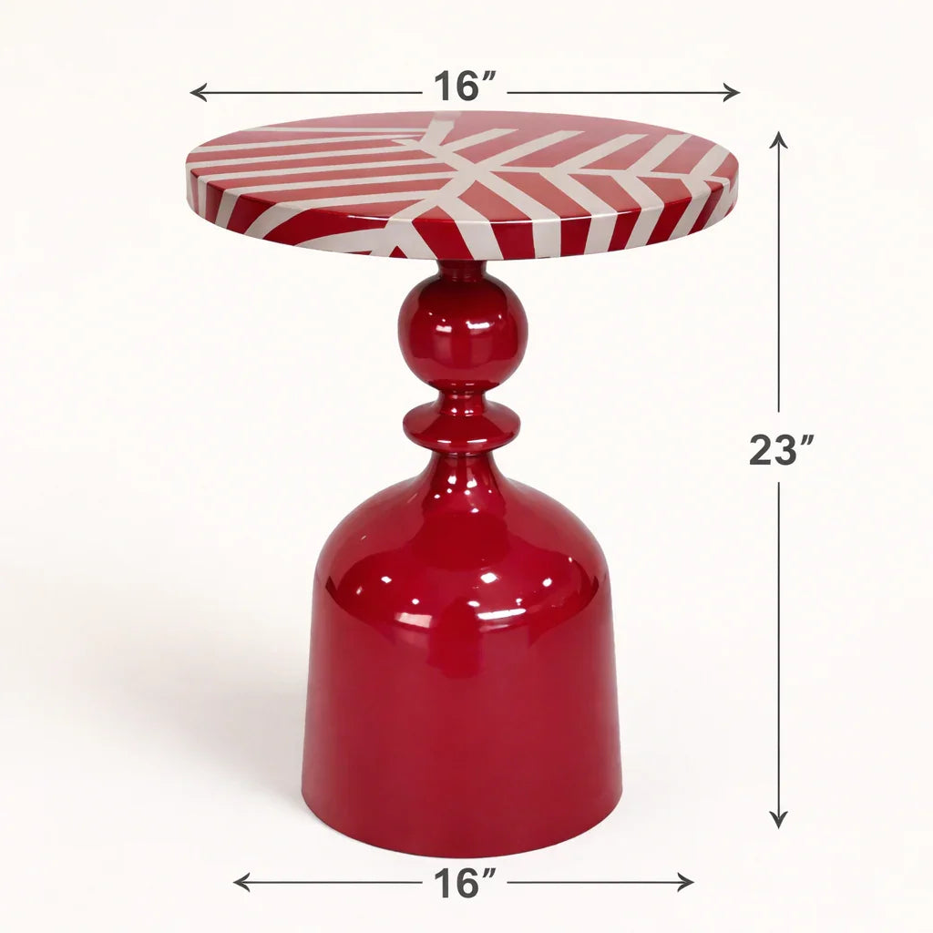 Ruby Red Iron Side Table | Glossy Metal Pedestal Accent Table for Living Room