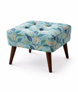 Floral Upholstered Ottoman Stool with Sagwan Wooden Legs